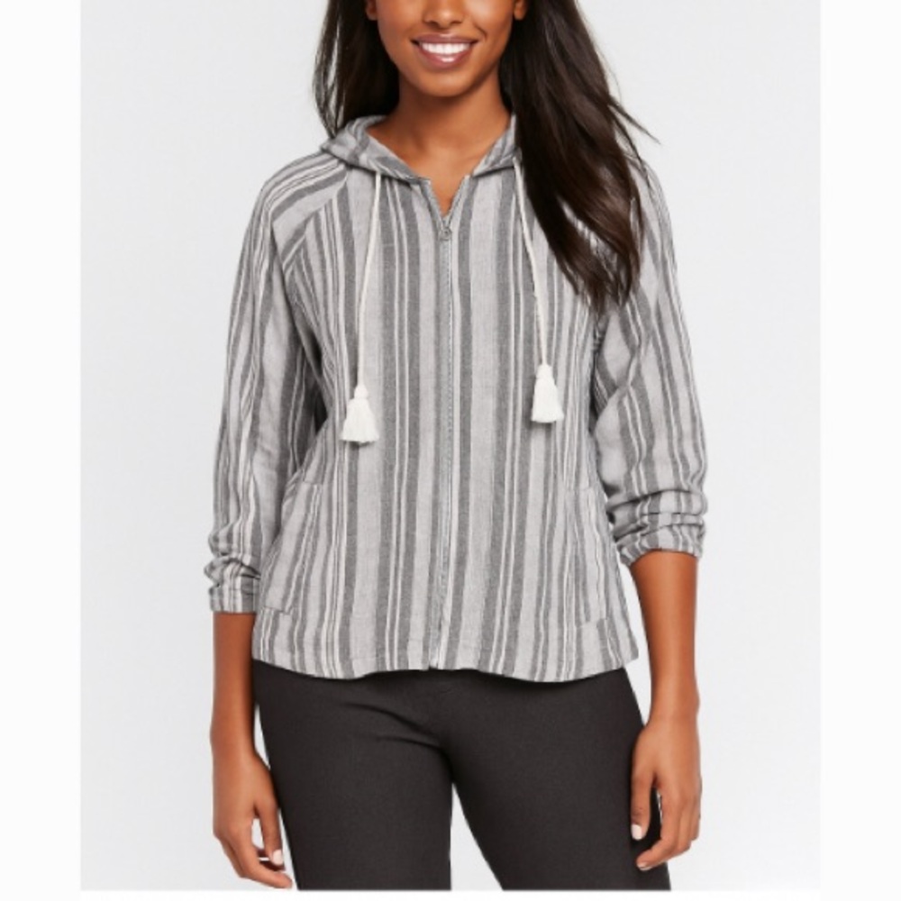 Westbound Linen Blend Gray and White Striped Full Zip Hoodie Top Tassels Size L